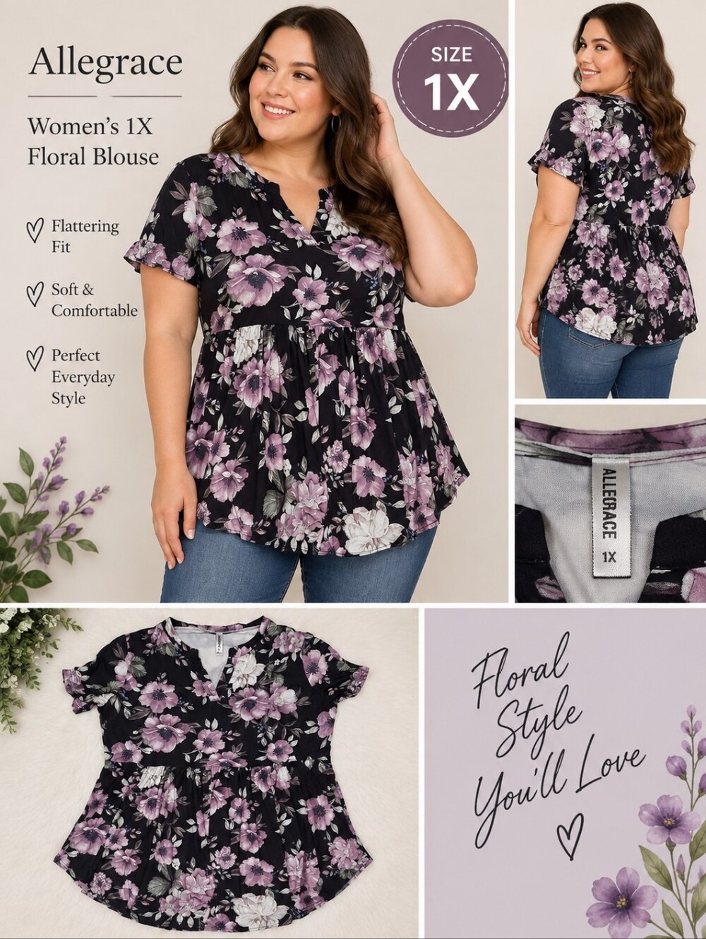 Allegrace women's 1X black purple floral blouse #14